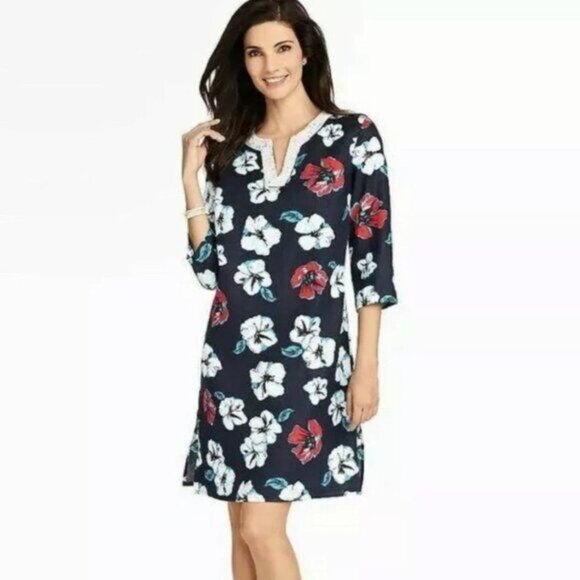 Talbots Blue Hibiscus Floral Beaded V-Neck Caftan Tunic Linen Dress Size L - Picture 2 of 7